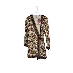 Farm Rio Kimono Jacket Womens Small Cream Floral Leopard Wrap Robe‎ Boho